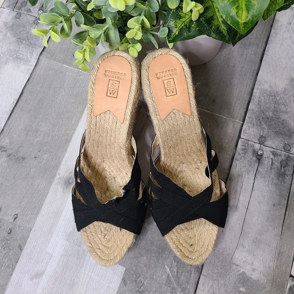Stubbs & Wootton Size 11 Grace Rib Black Espadrille Wedges